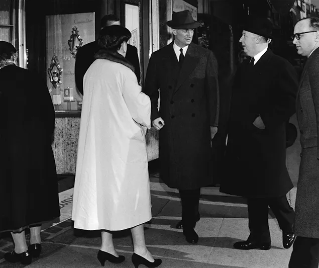 Christian Dior with Serge Heftler-Louiche in Copenhagen, 1954.
